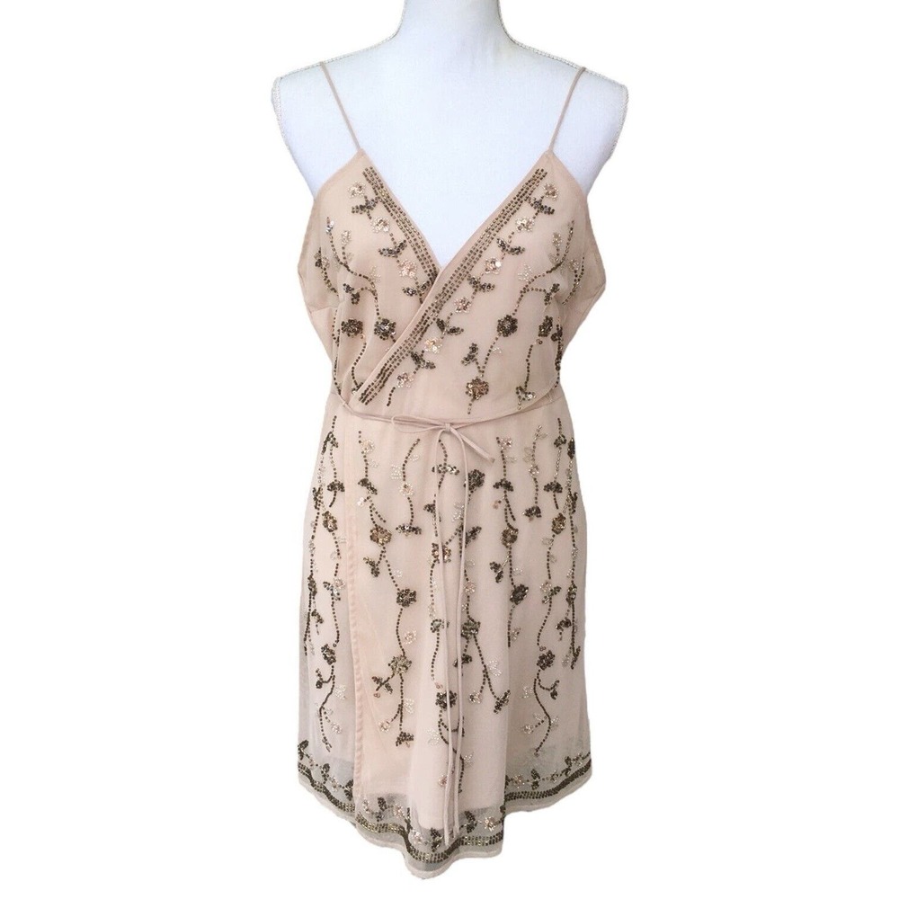 Altar’d State Dress Womens L Analia Beaded Spaghetti Strap Cocktail Club Nude
